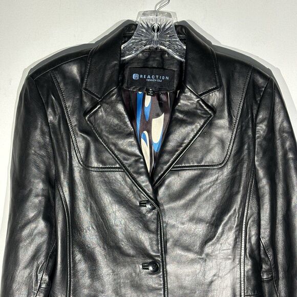 KENNETH COLE REACTION Genuine Leather Black Blazer Jacket Y2K Size M - Picture 2 of 13